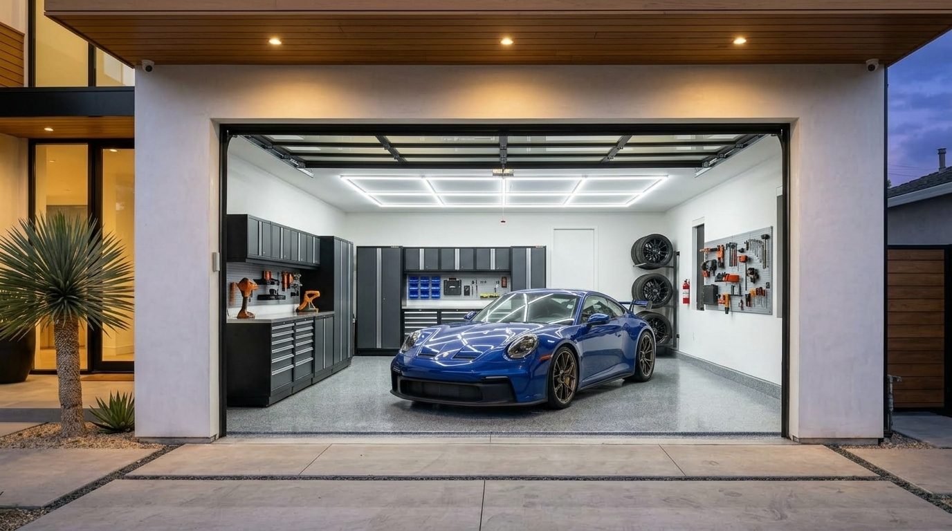 Ingram Garage Door Services Interior View of Custom Garage Door Overhead and Workshop
